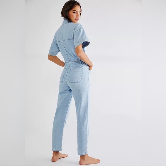Free People Marci Denim Utility Jumpsuit Coverall Cotton Short Sleeve - Picture 2 of 7